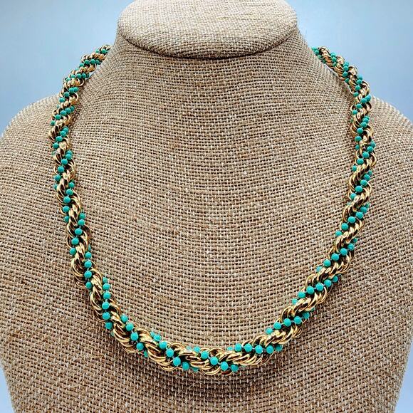 1972 Avon Rope Twist Necklace Gold Tone Chain Turquoise Beads Vintage Box Clasp - Picture 2 of 7